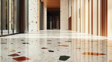 A hallway with marble flooring and colorful tiles photo