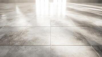 A tiled floor with sunlight shining through the window photo
