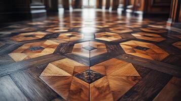 A wooden floor with a pattern of hexagons photo