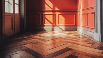 An empty room with red walls and wood floors photo
