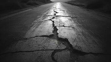 A cracked road with a black and white photo
