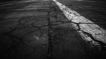 Black and white photo of asphalt road with white lines