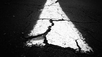 A black and white photo of a road with a white line