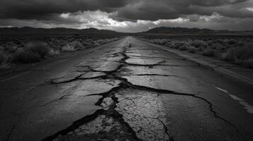 A cracked road in the desert with dark clouds photo