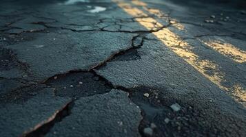 A road with cracks and a yellow stripe photo