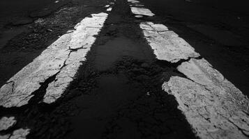 Black and white photo of asphalt road with white lines