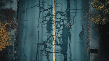 An aerial view of a road with cracks in it photo