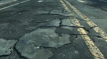 A road with potholes and cracks in it photo