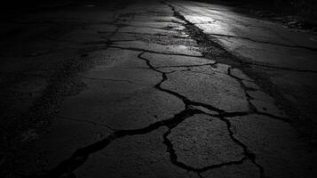 A dark road with cracks and cracks in it photo
