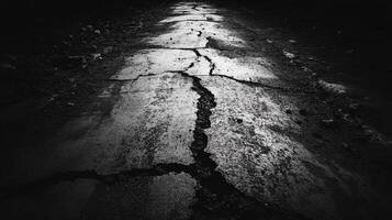 A black and white photo of a road with cracks