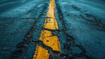 A yellow line on the asphalt of an empty road photo