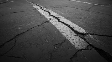 Black and white photo of asphalt road with cracks