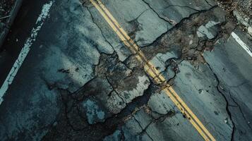 Severely Cracked Asphalt Road Surface Showing Yellow Lines photo