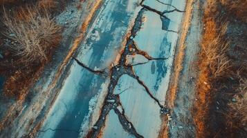 Severely Cracked Road Surface Aerial View photo