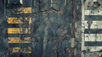 Damaged Road Surface Showing Cracked Asphalt And Crosswalks photo