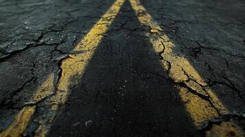 Cracked Asphalt Road Shows Yellow Lines photo