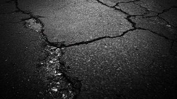 Black and white photo of a cracked asphalt road