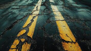 Cracked Asphalt Road Showing Yellow Line Stripes photo