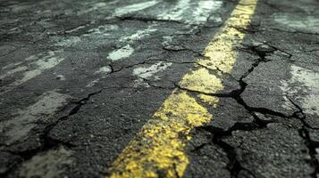 Cracked asphalt road with a yellow line photo