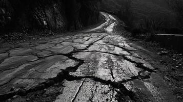 Severely Cracked Mountain Road Winding Through Dark Hills photo