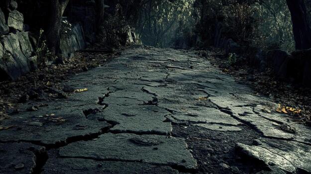 Cracked Stone Path Through A Dark Forest photo