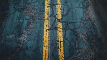 Cracked Asphalt Road with Double Yellow Lines photo