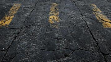 Cracked Asphalt Road Surface With Yellow Stripes photo