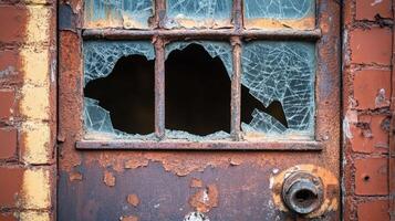 Rusty metal door with shattered window panes photo