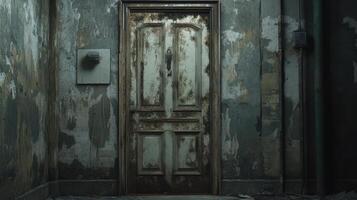 Weathered door in a dilapidated building interior photo