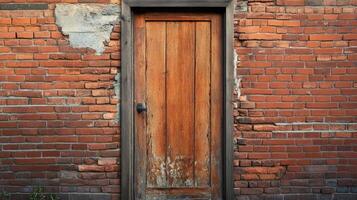 Weathered Wooden Door in Aged Brick Wall photo