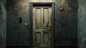 A door in a room with peeling paint and a wall photo