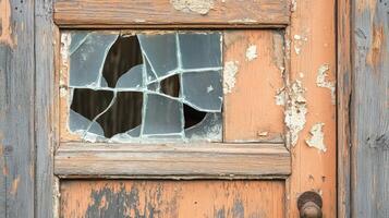 A broken window with a broken glass pane photo