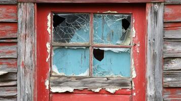 Red wooden building with broken window panes photo