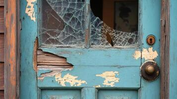 Damaged teal door with broken glass and peeling paint photo