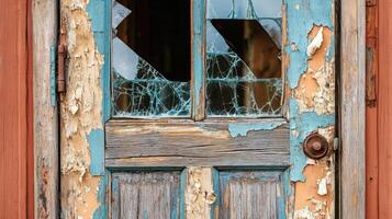 Old weathered door with broken glass panes and peeling paint photo