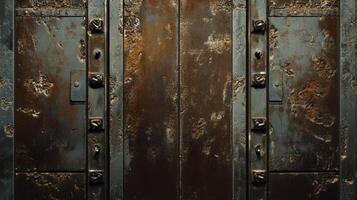 Rusted metal door with bolts and weathered panels photo