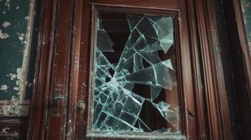 A broken window in an old building with a broken glass photo