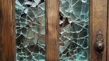 Shattered Glass Panel In Wooden Door Frame photo