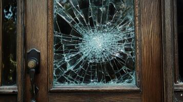 Shattered Glass Pane in Wooden Door Frame photo
