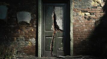 Damaged Door in a Decaying Brick Building photo