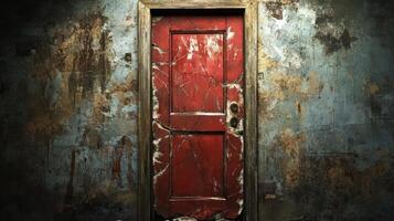 A Cracked Red Door in a Decaying Wall photo