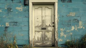 Weathered Door in a Peeling Blue Brick Wall photo