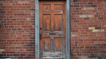 An old wooden door is sitting on a brick wall photo