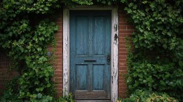 Overgrown Ivy Envelops Weathered Blue Door photo