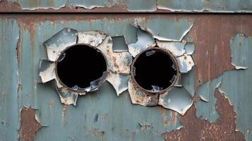 Rusted metal surface with two circular holes photo