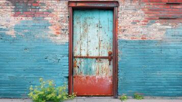 Weathered Door in a Distressed Brick Wall photo