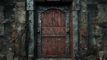 Ancient Weathered Wooden Door Set In Stone Ruins photo