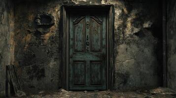 Weathered Door in a Decaying Old Building photo