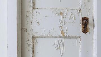 Old White Door With Peeling Paint And Rusty Knob photo