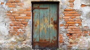 Weathered Wooden Door In A Decaying Brick Wall photo